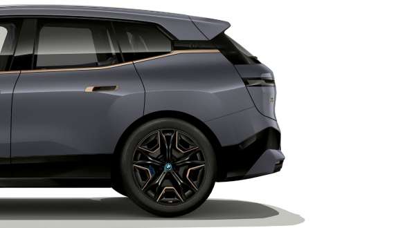 BMW iX M60 i20 2022 electric SUV BMW Individual Storm Bay metallic Integral Active Steering lateral rear view