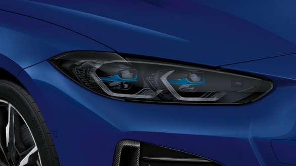 M lights Shadow Line and BMW Laserlight BMW i4 M50 G26 2021  M Shadow Line lights and BMW laser light BMW i4 M50 G26 2021 BMW Individual Frozen Portimao Blue metallic headlights close-up