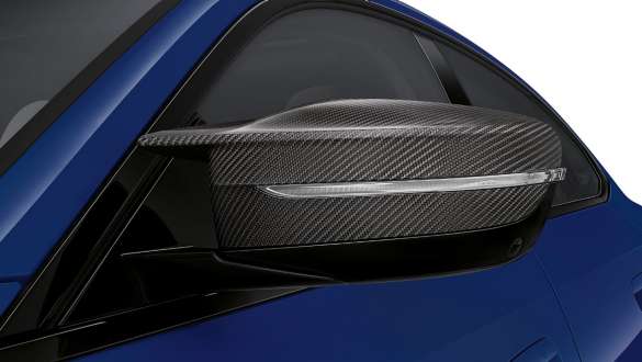 M Carbon exterior package BMW i4 M50 G26 2021 M Carbon exterior package BMW i4 M50 G26 2021 BMW Individual Frozen Portimao Blue metallic M mirror cap close-up