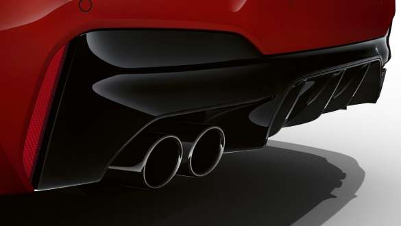 BMW M5 Competition with M Sport exhaust system F90 2020 BMW M5 Competition with M Sport exhaust system F90 LCI Facelift 2020 BMW Individual Imola Red close-up rear apron