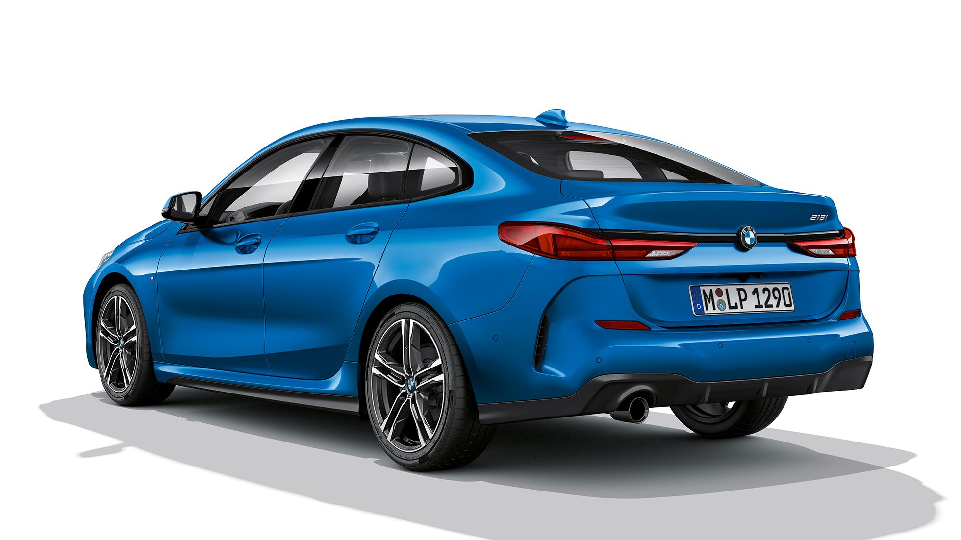 BMW Individual high-gloss Shadow Line BMW 2 Series Gran Coupé Model M Sport F44 BMW Individual high-gloss Shadow Line BMW 2 Series Gran Coupé Model M Sport Misano Blue metallic F44 three-quarter side view