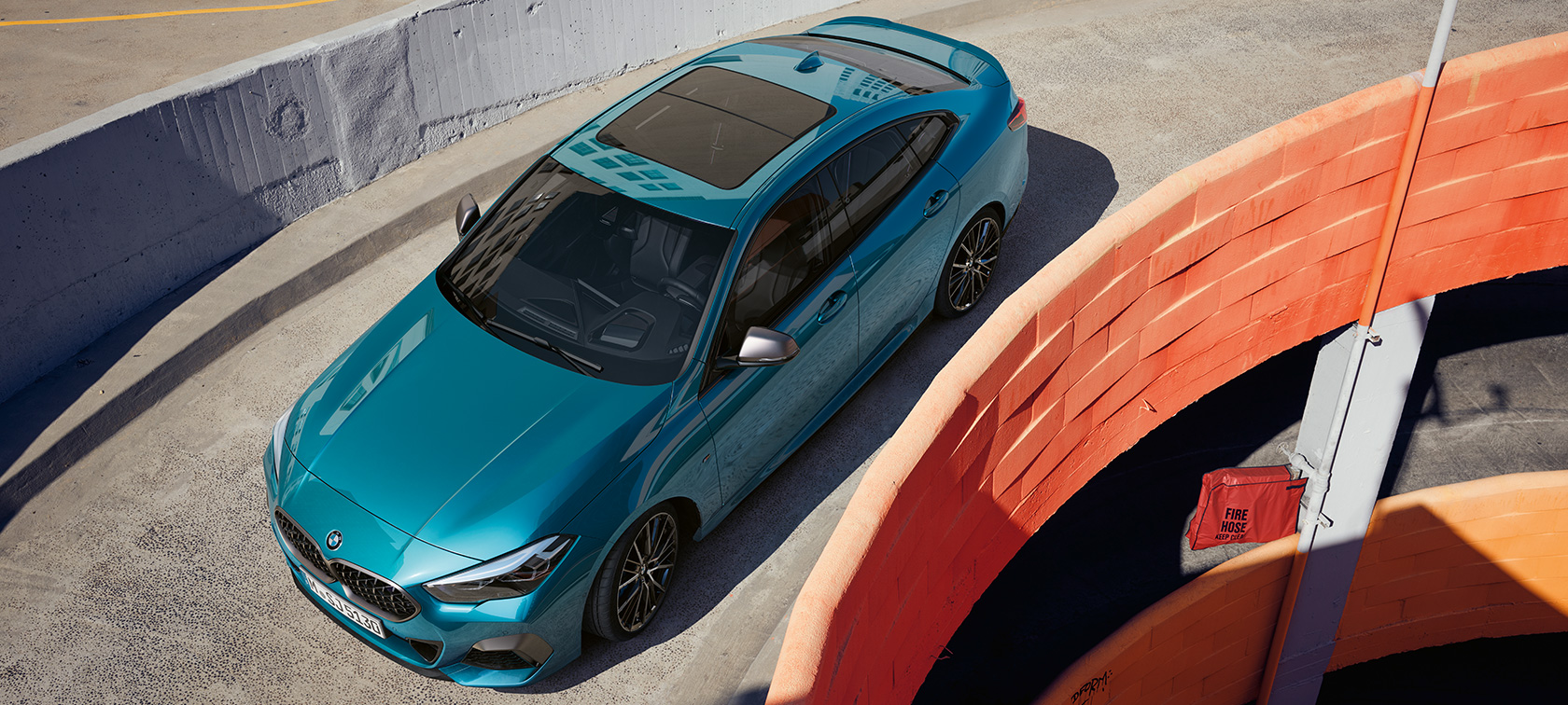 BMW 2 Series Gran Coupé with Panorama glass roof F44 BMW 2 Series Gran Coupé with Panorama glass roof Snapper Rocks Blue metallic F44 bird's-eye view