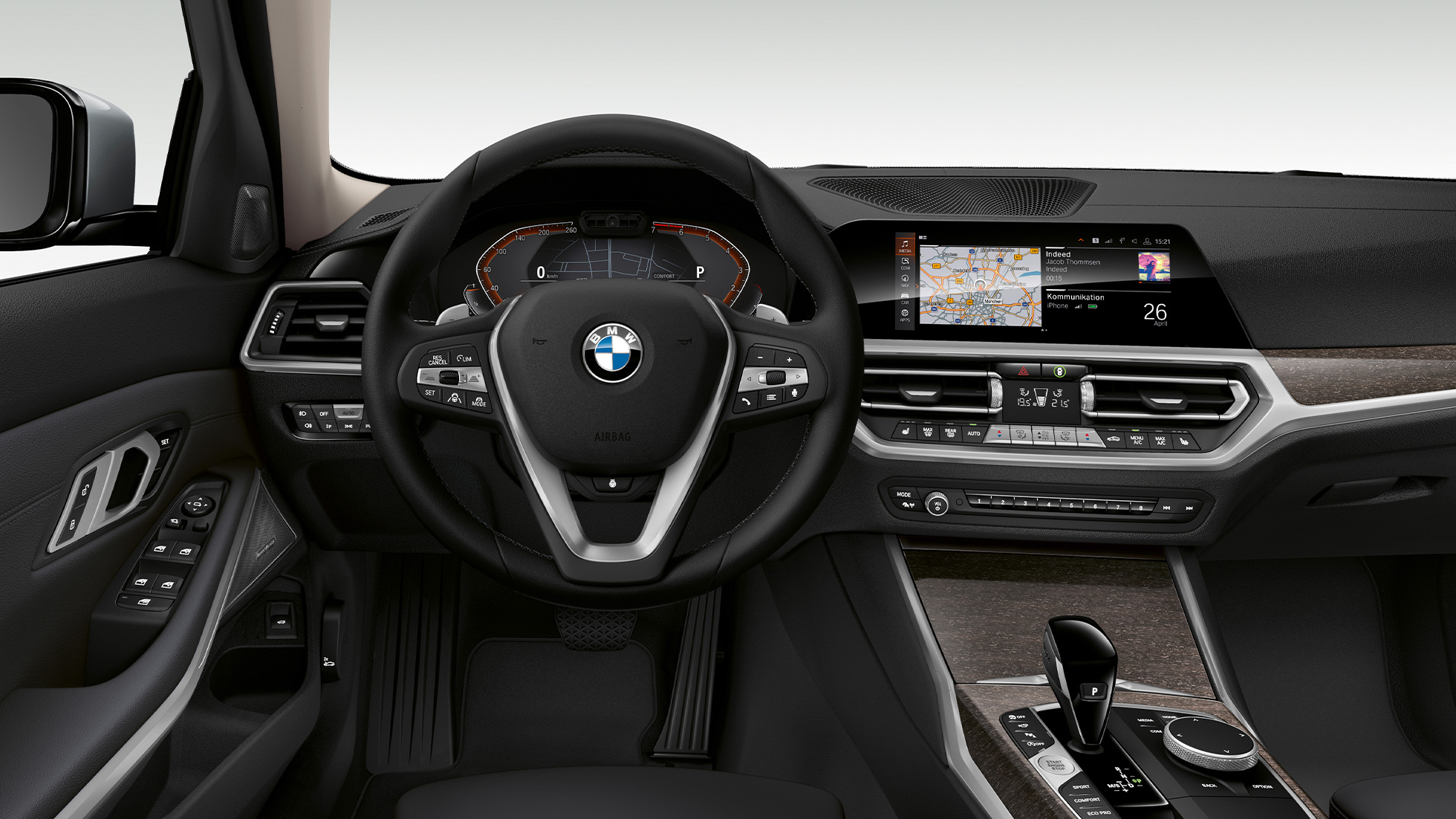 BMW 3 Series Sedan, Modell Luxury Line Cockpit G20 Frontal close-up of the driver's cockpit of the BMW 3 Series Sedan with Model Luxury Line features G20.