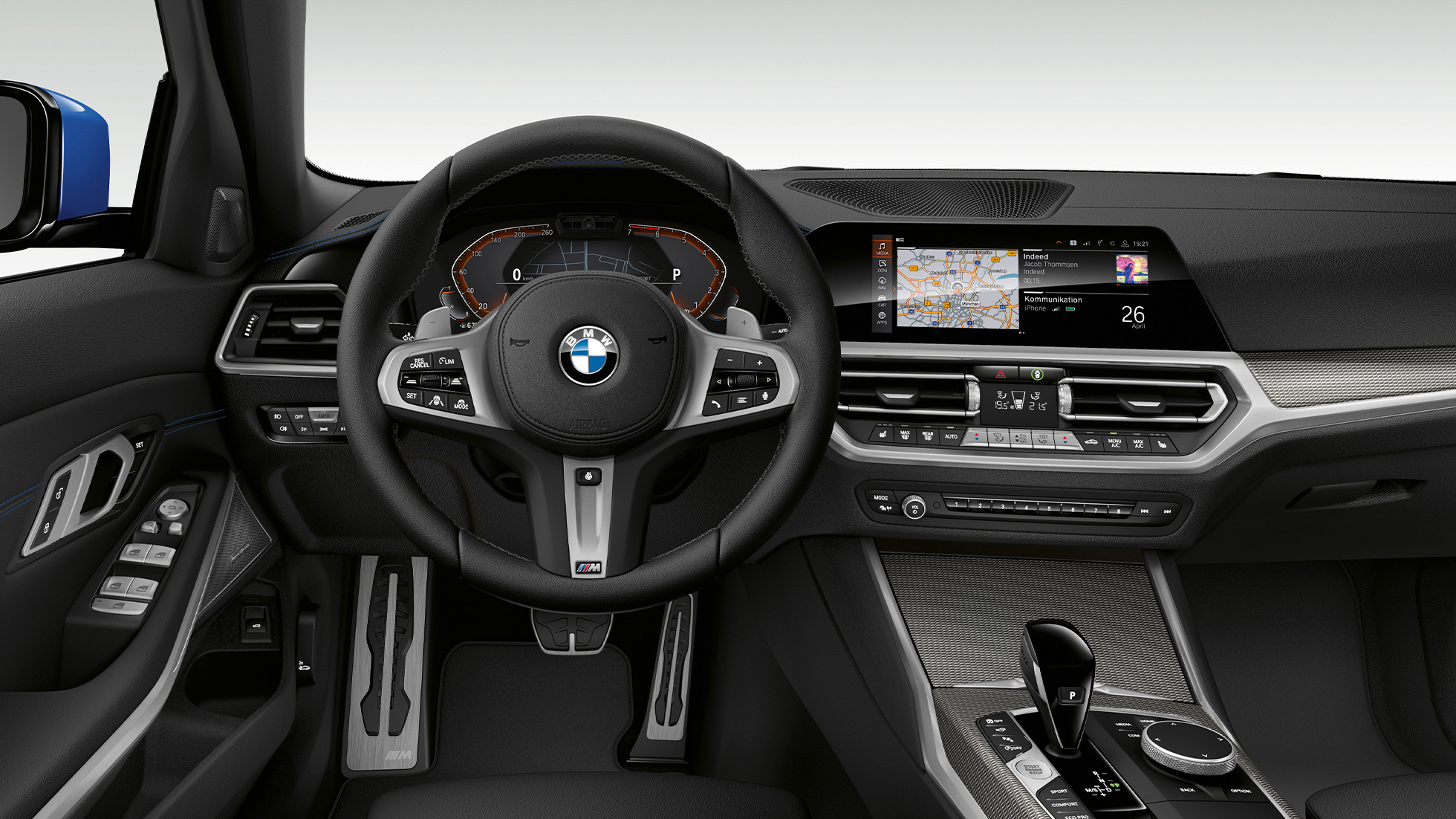 BMW 3 Series Sedan, Model M Sport Cockpit G20 Frontal close-up of the driver's cockpit of the BMW 3 Series Sedan with Model M Sport features G20.