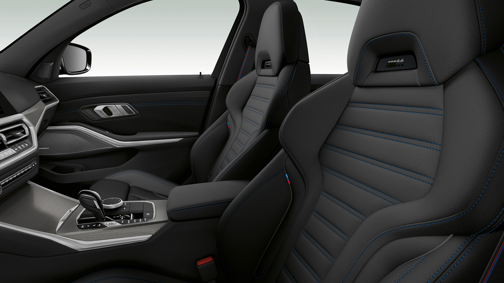 BMW 3 Series Sedan, Model M Sport front seats G20 Side close-up of the front seats of the BMW 3 Series Sedan with Model M Sport features G20.