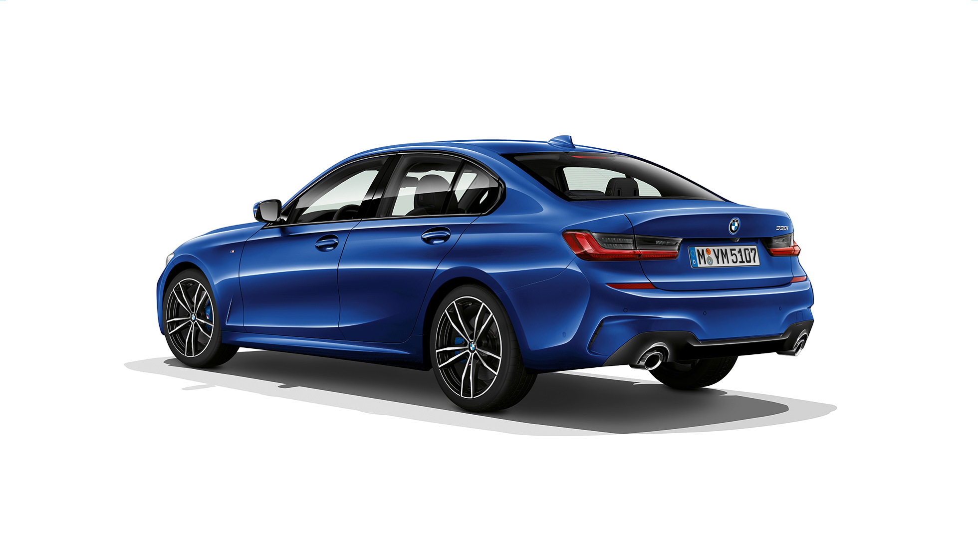 BMW 3 Series Sedan, Model M Sport rear G20. Three-quarter rear shot of the BMW 3 Series Sedan with Model M Sport features G20.