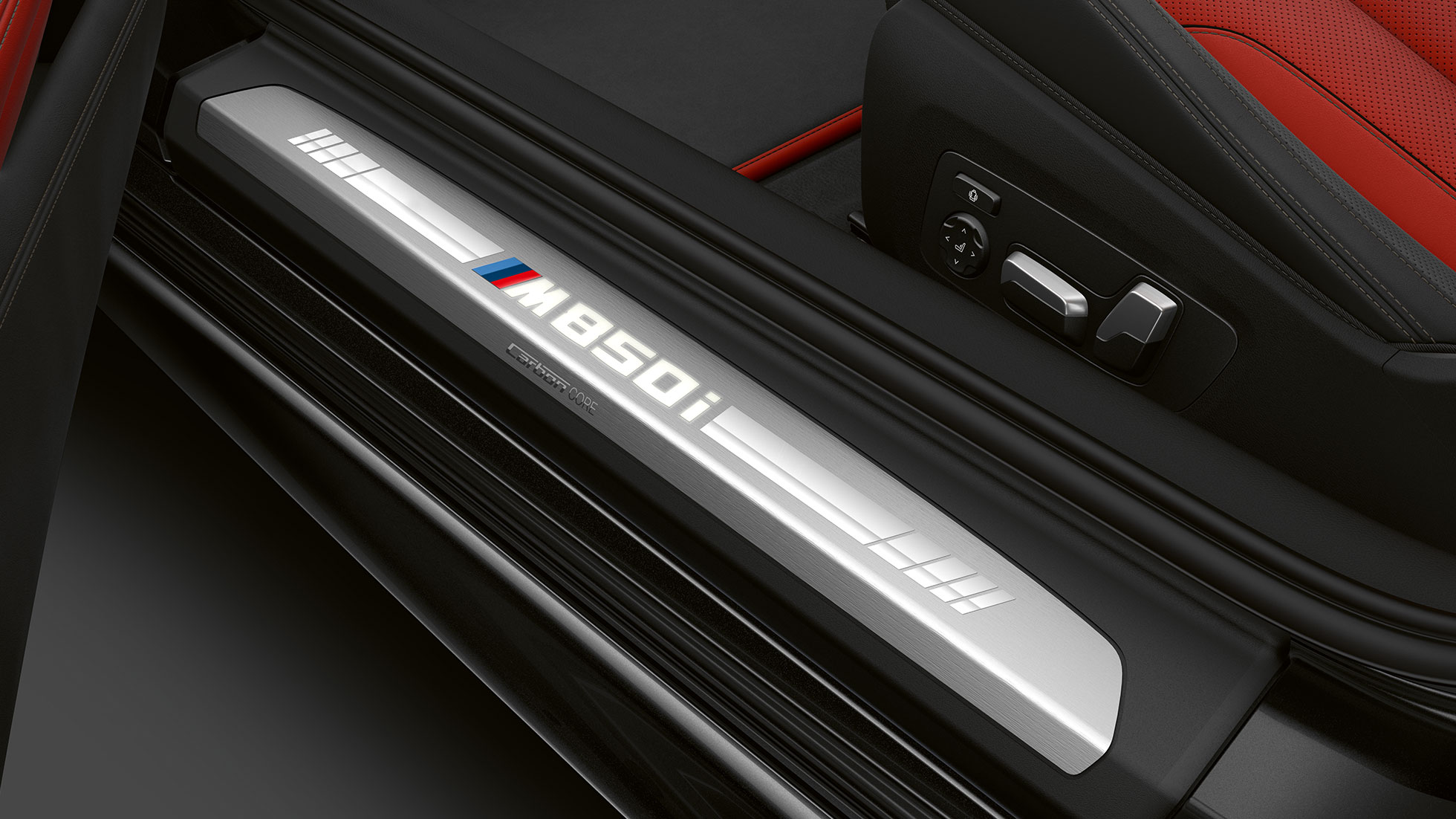 BMW M850i xDrive, Carbon Black metallic, entry door sill G14. BMW M850i xDrive, Carbon Black metallic, entry door sill G14.