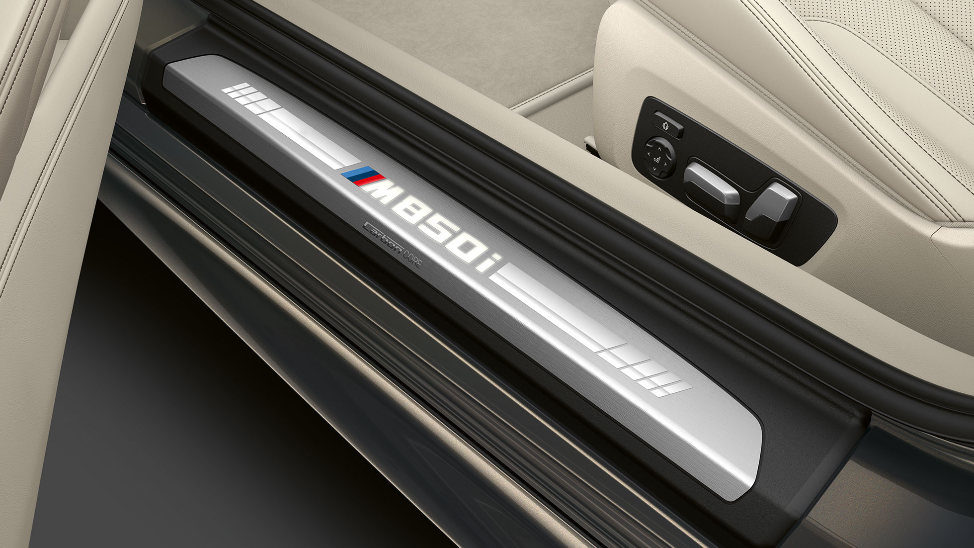 BMW M850i xDrive, Dravit Grey metallic, entry door sill G14. BMW M850i xDrive, Dravit Grey metallic, entry door sill G14.