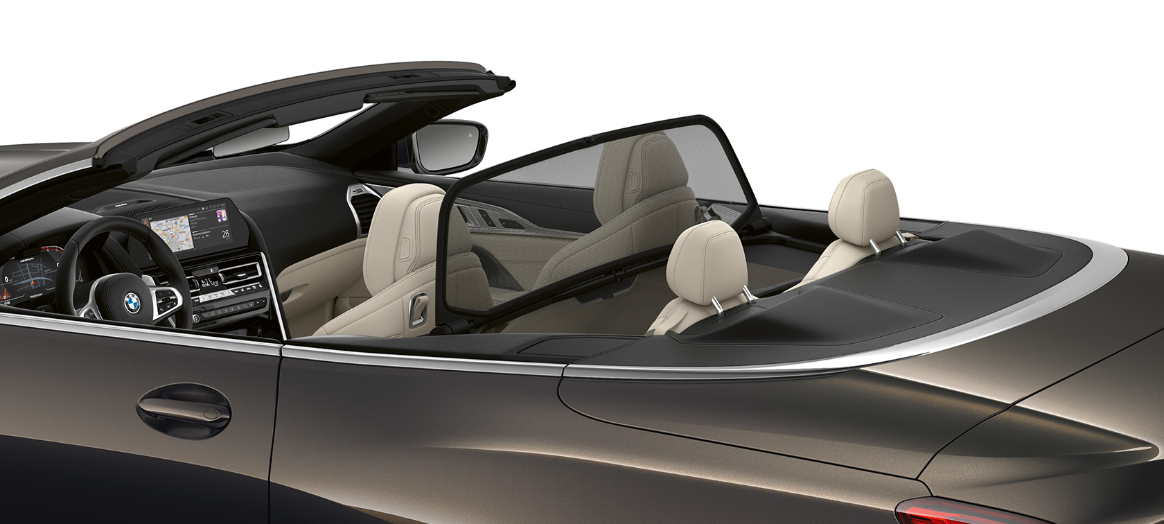 BMW M850i xDrive Dravit Grey metallic, side view with soft top open G14. BMW M850i xDrive Dravit Grey metallic, side view with soft top open G14.