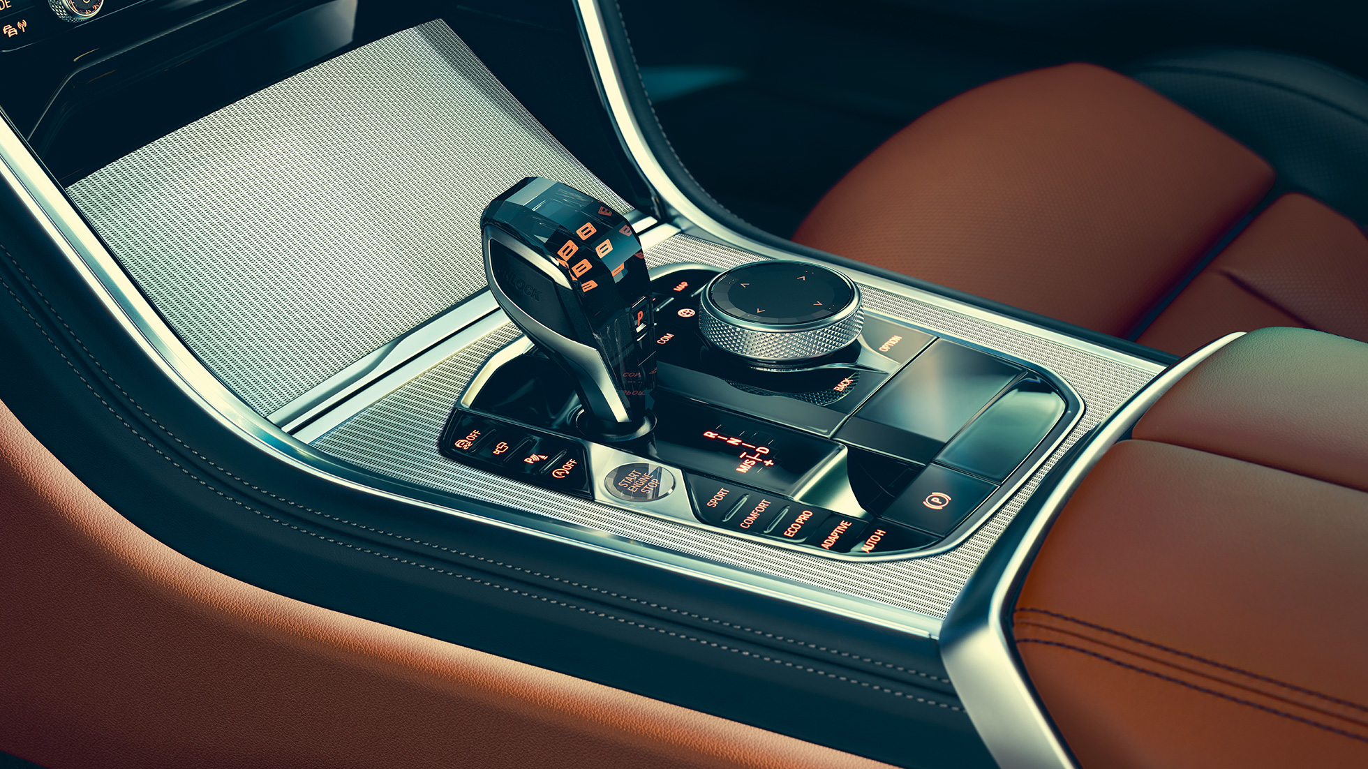 BMW 8 Series Coupé, interior G15. BMW 8er Coupé, Interieur, close-up view of the gear selector G15.