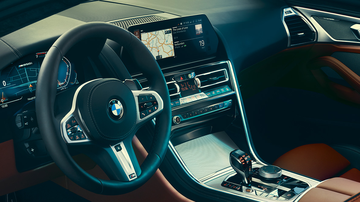 BMW 8 Series Coupé, cockpit G15. Close-up of the BMW 8 Series Coupé cockpit G15.
