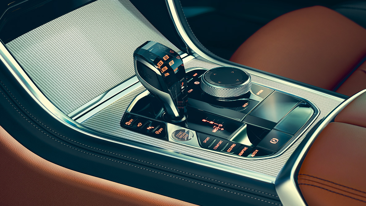 BMW 8 Series Coupé, middle console G15. Close-up of the BMW 8 Series Coupé interior with a focus on the middle console G15.