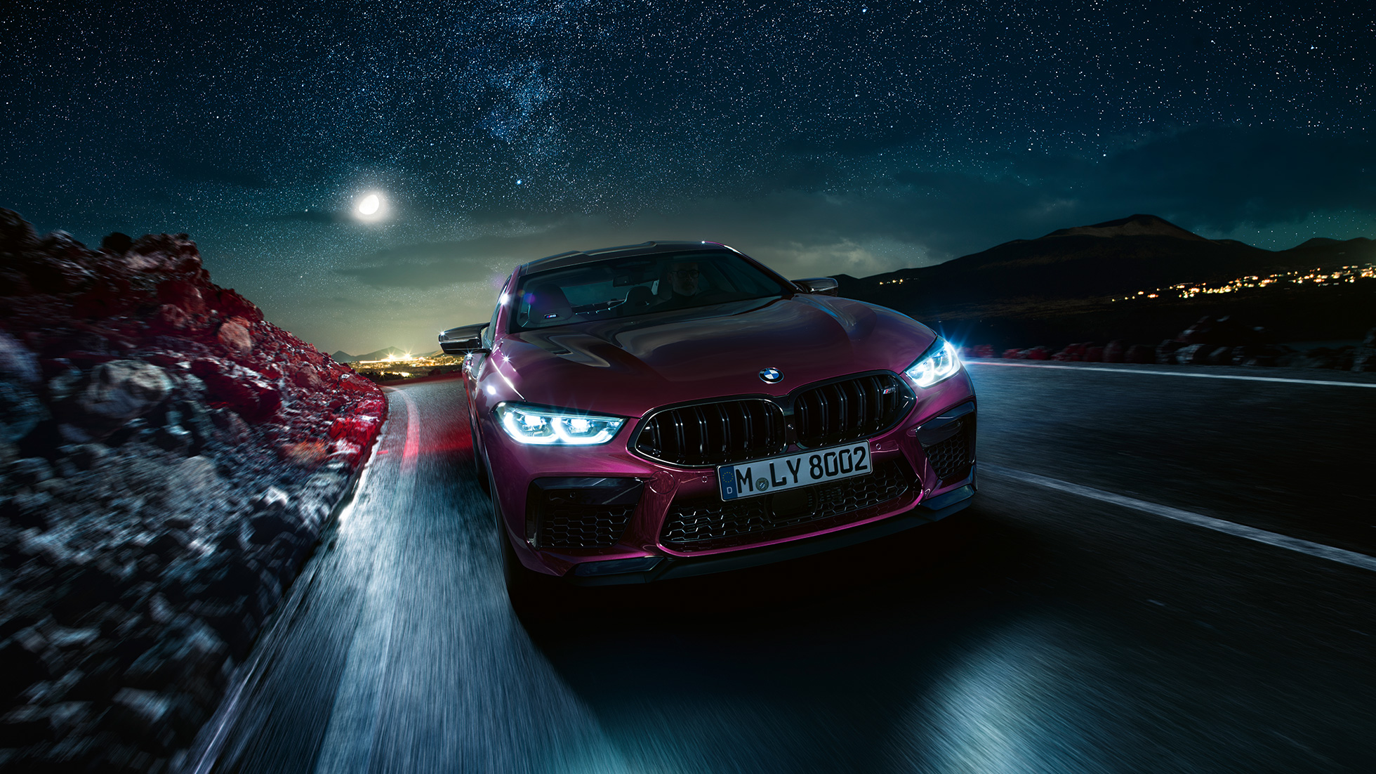 BMW M8 Competition Gran Coupé F93 2020 front view driving BMW M8 Competition Gran Coupé F93 2020 BMW Individual Ametrine metallic front view driving