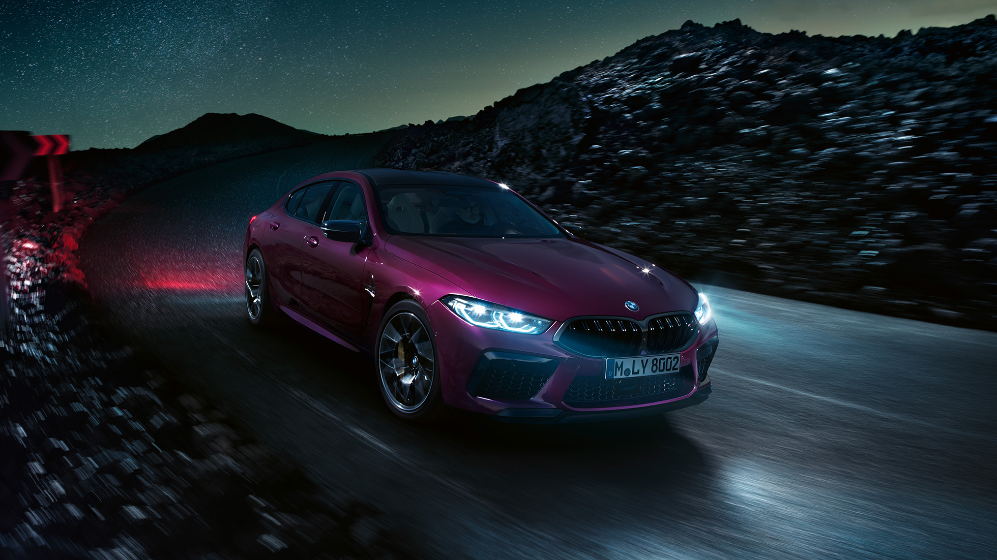 BMW M8 Competition Gran Coupé F93 2020 three-quarter front view BMW M8 Competition Gran Coupé F93 2020 BMW Individual Ametrine metallic three-quarter front view