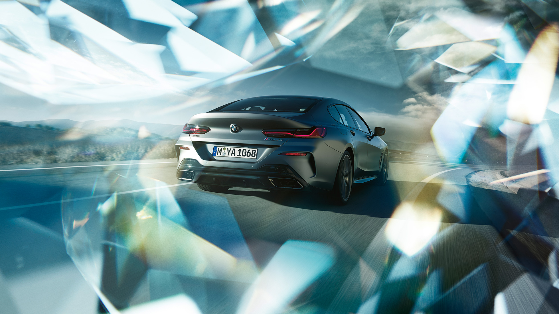 BMW M850i xDrive Gran Coupé G16 2019 three-quarter rear view BMW M850i xDrive Gran Coupé G16 2019 BMW Individual Frozen Bluestone metallic three-quarter rear view