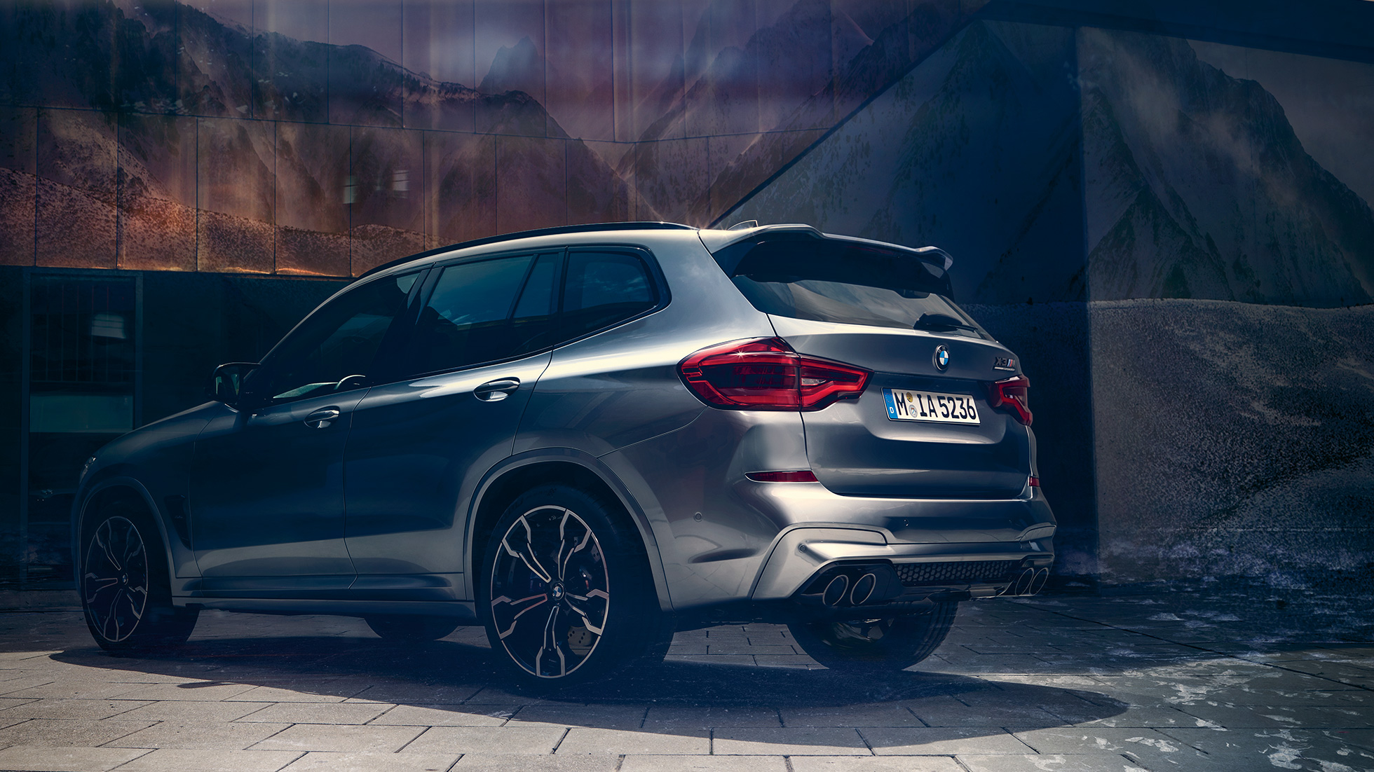BMW X3 M Competition SUV, lateral rear view F97. BMW X3 M Competition SUVin Donington Grey metallic, exterior, lateral rear view F97.