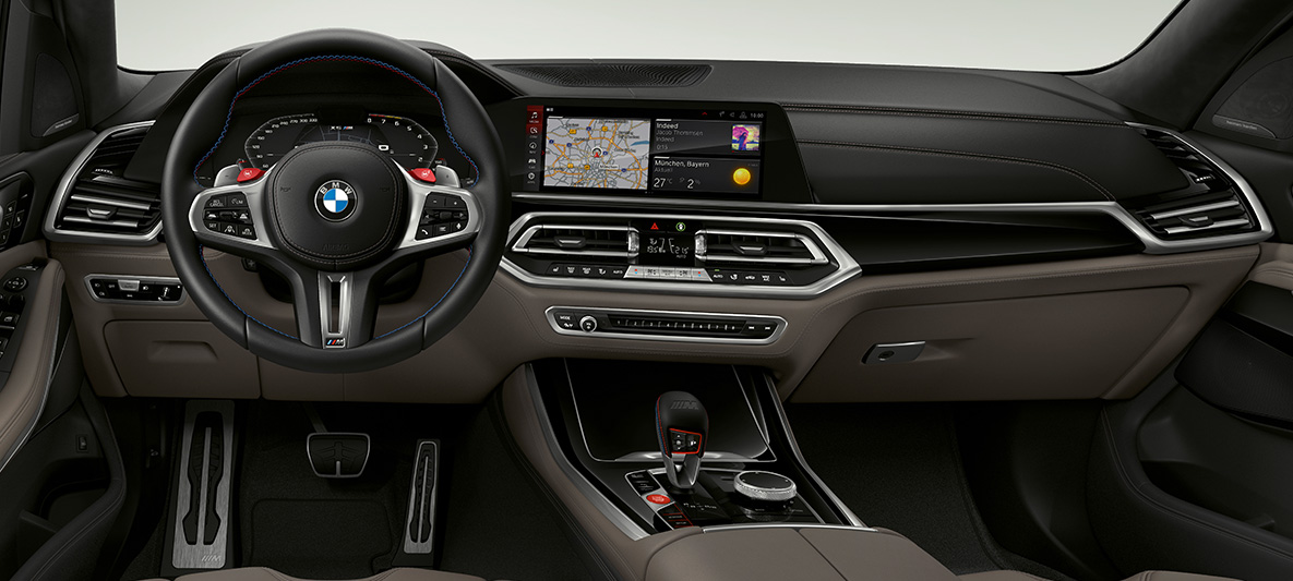 M leather steering wheel BMW X5 M SUV F95 M leather steering wheel with contrast stitching BMW X5 M SUV F95 cockpit