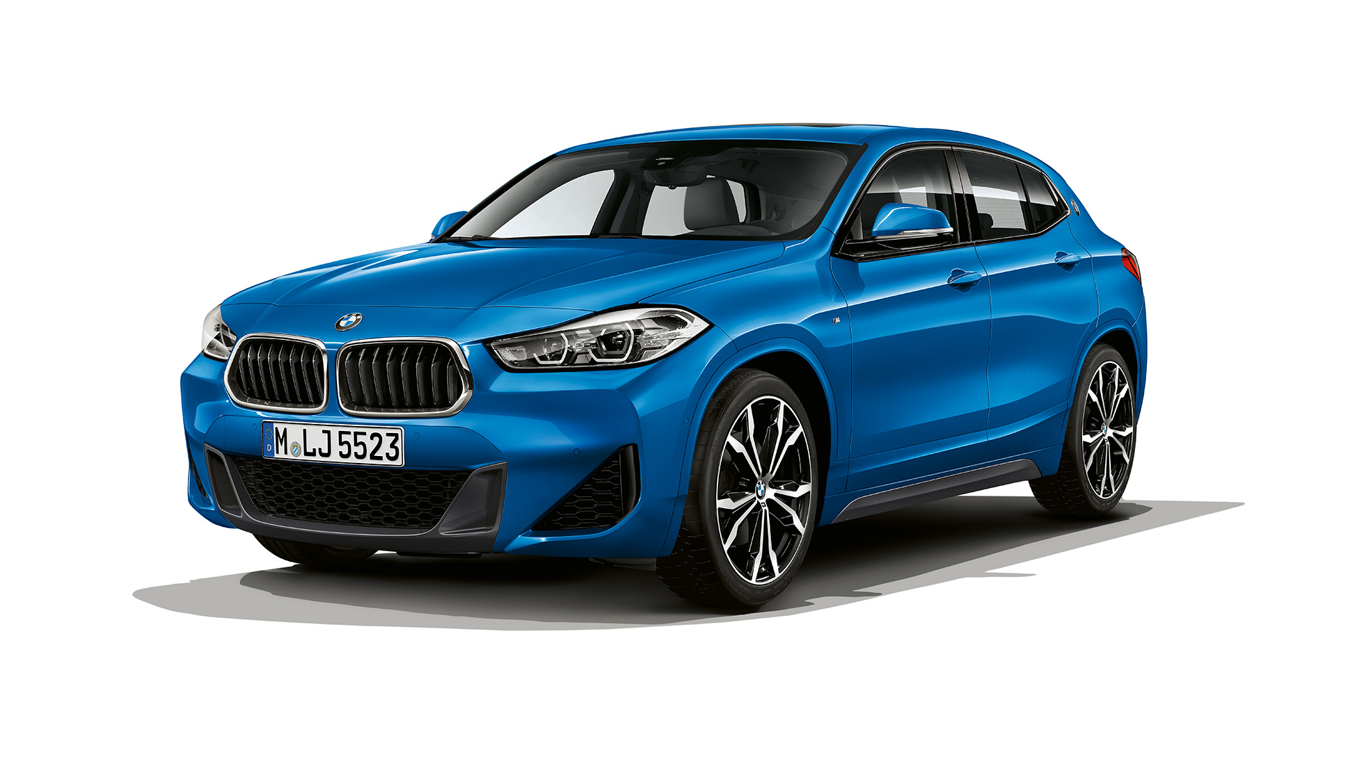 Three quarter front view BMW X2 SUV sDrive20i model M Sport F39 BMW X2 SUV sDrive20i model M Sport 2018 F39 Misano Blue metallic three quarter front view