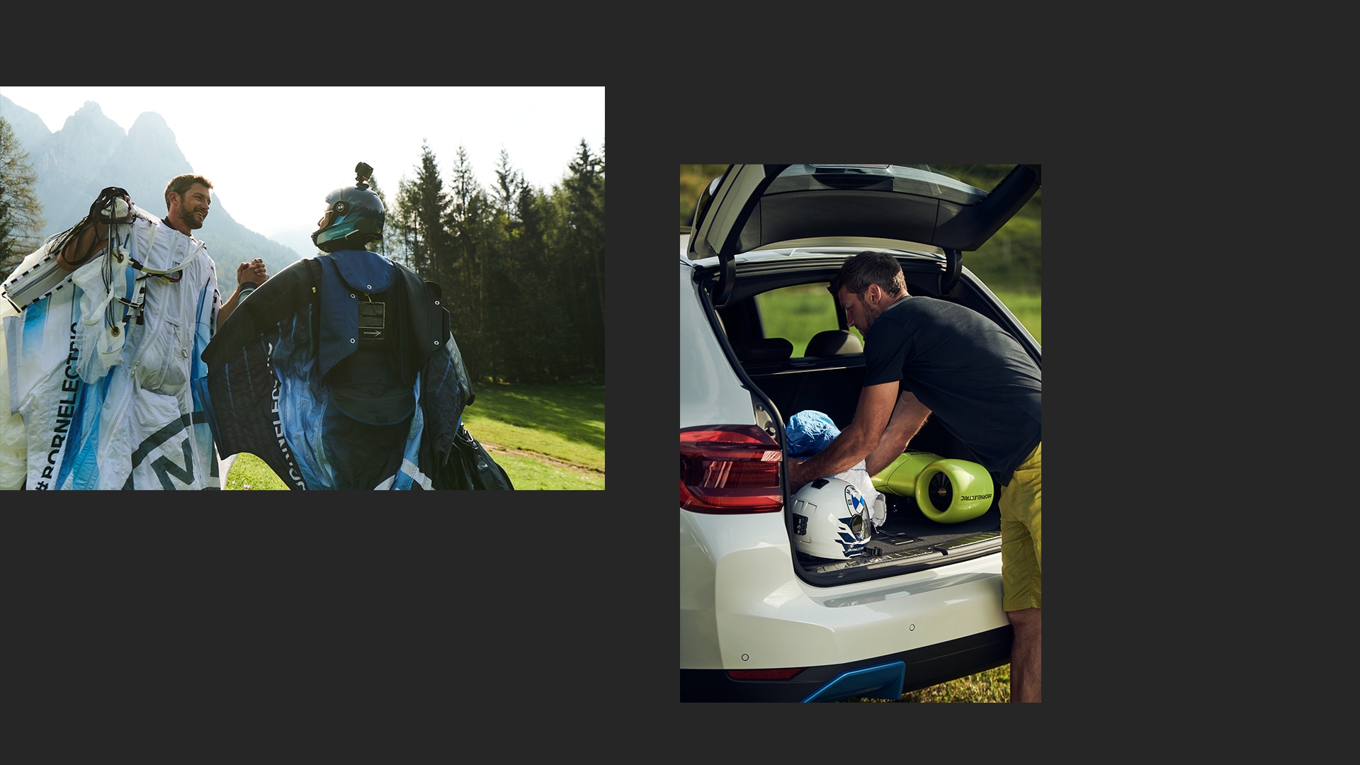 tuta alare elettrica tuta alare con motore tuta alare wingsuit volo con tuta alare Peter Salzmann elettricità motore elettrico bodyflying sport estremi sport estremo con tuta alare Hohe Tauern BMW iX3 elettromobilità 