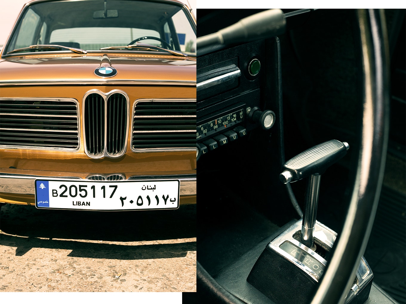 La BMW 2002 a trasmissione automatica, nella foto ancora con la targa del Libano, è un’auto d’epoca rara e richiesta.