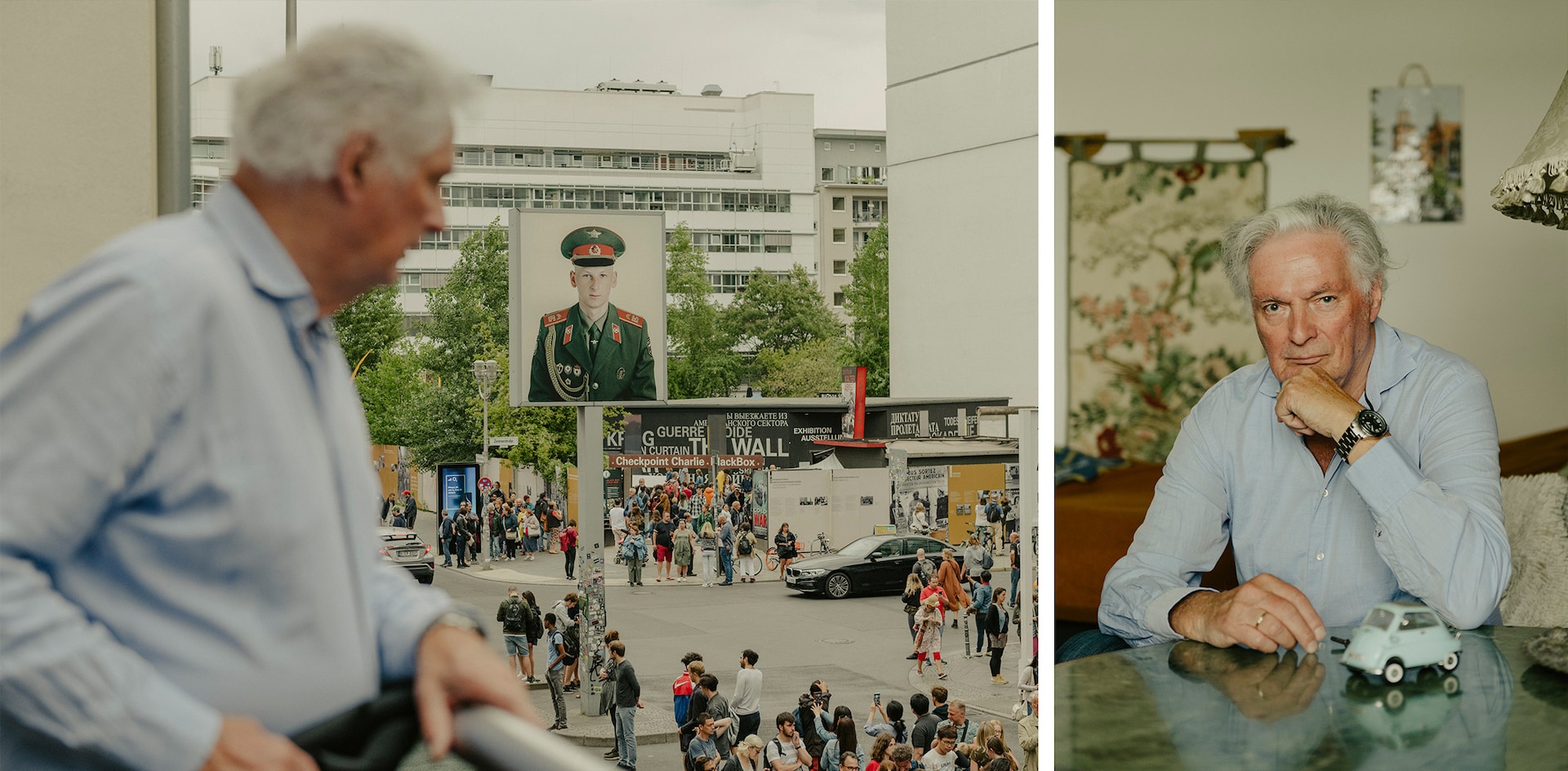 (a sinistra) Un ricordo sbiadito: per i tanti milioni di turisti che ogni anno vanno a visitare il Checkpoint Charlie, Klaus-Günter Jacobi è uno sconosciuto. (a destra) Un messaggio chiaro: Klaus-Günter Jacobi vuole che tutti si ricordino le ingiustizie commesse dalla RDT e che qualcuno ha lottato per la libertà.