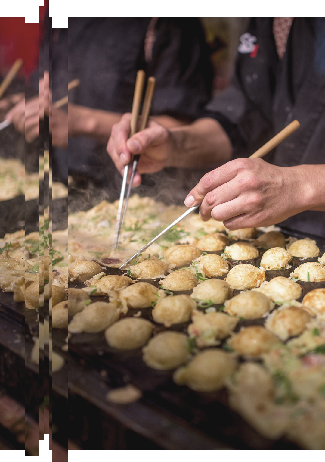 Street food in the entertainment district of Dotonbori: fried balls of wheat flour with octopus inside (“Takoyaki”).