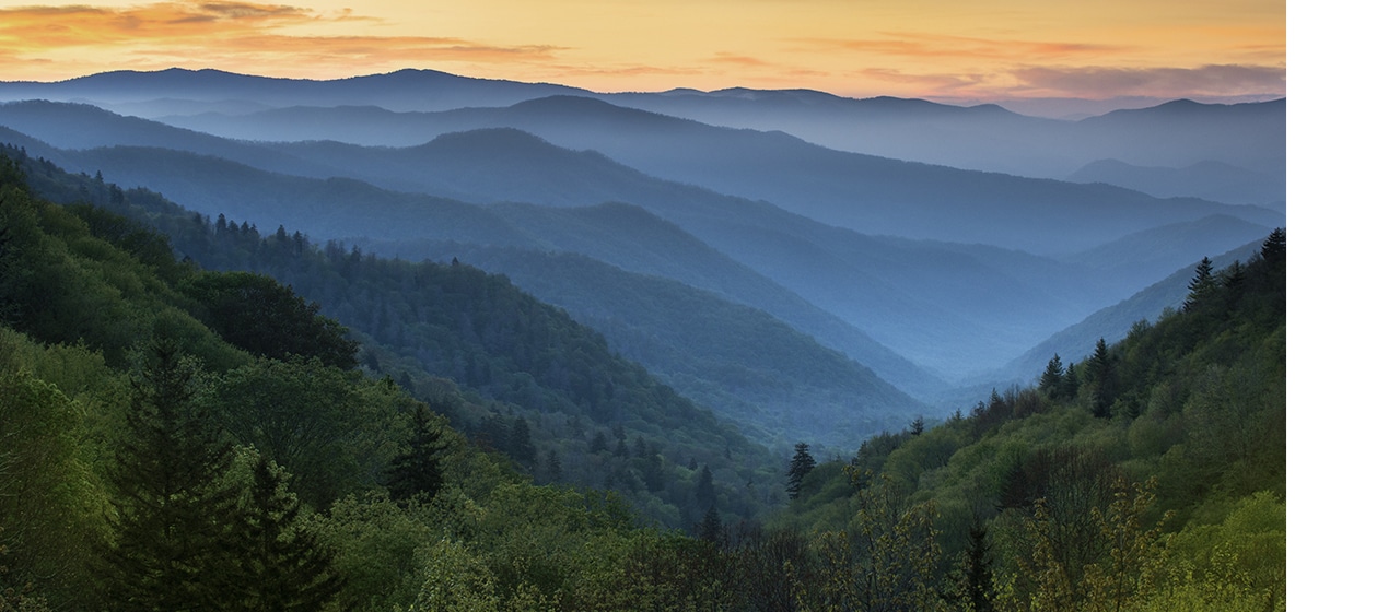 Contempla un magnífico amanecer sobre las Blue Ridge Mountains.