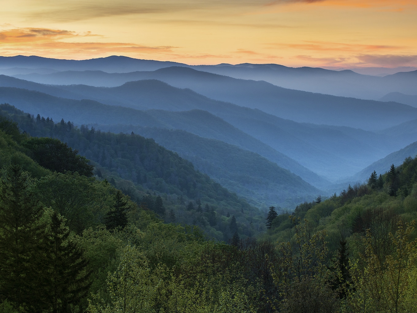 Contempla un magnífico amanecer sobre las Blue Ridge Mountains.