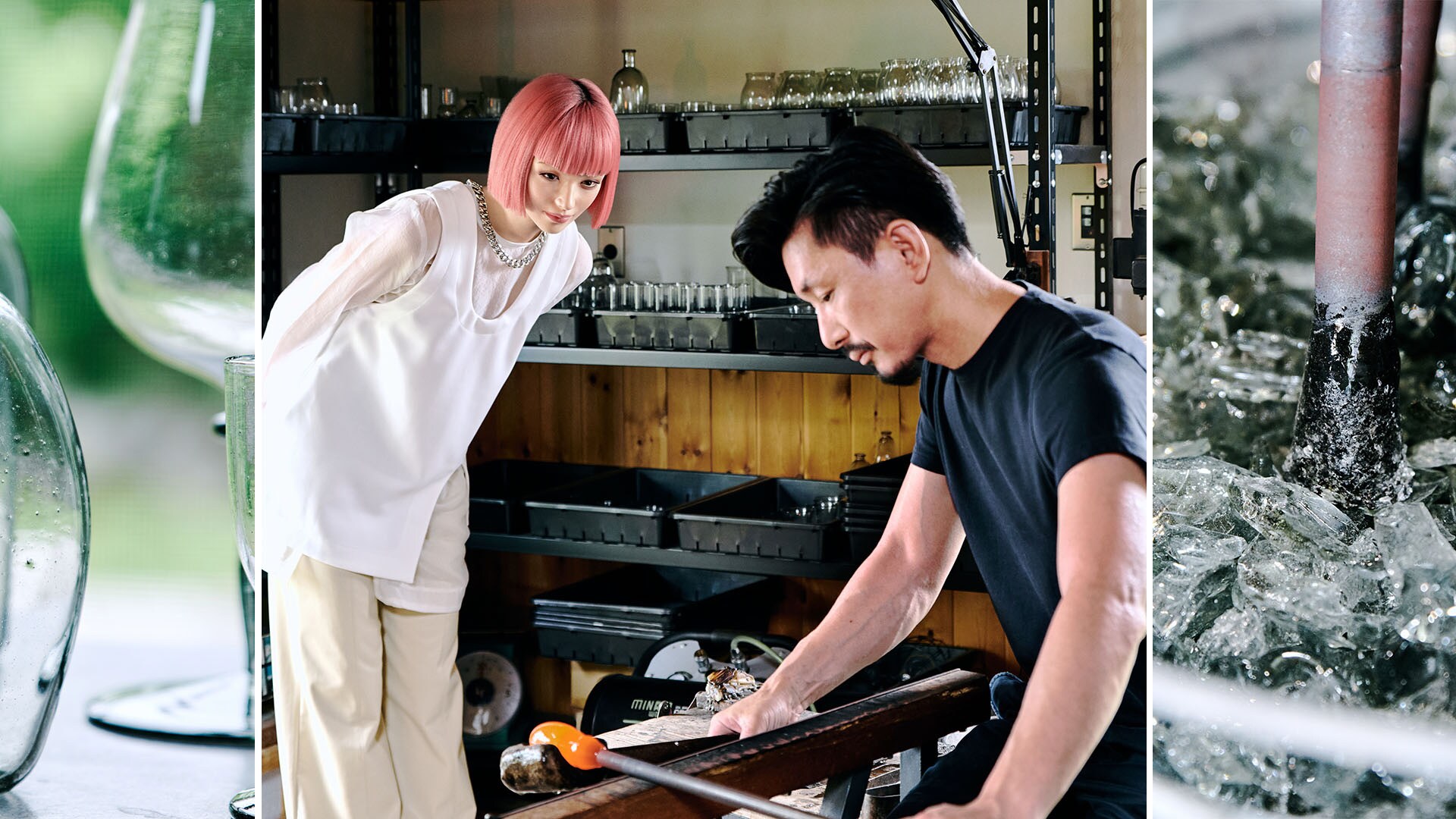 Una creación digital observa a un creador artesanal: Imma, una modelo virtual japonesa, visita el taller del artista del vidrio Kenichi Sasakawa.