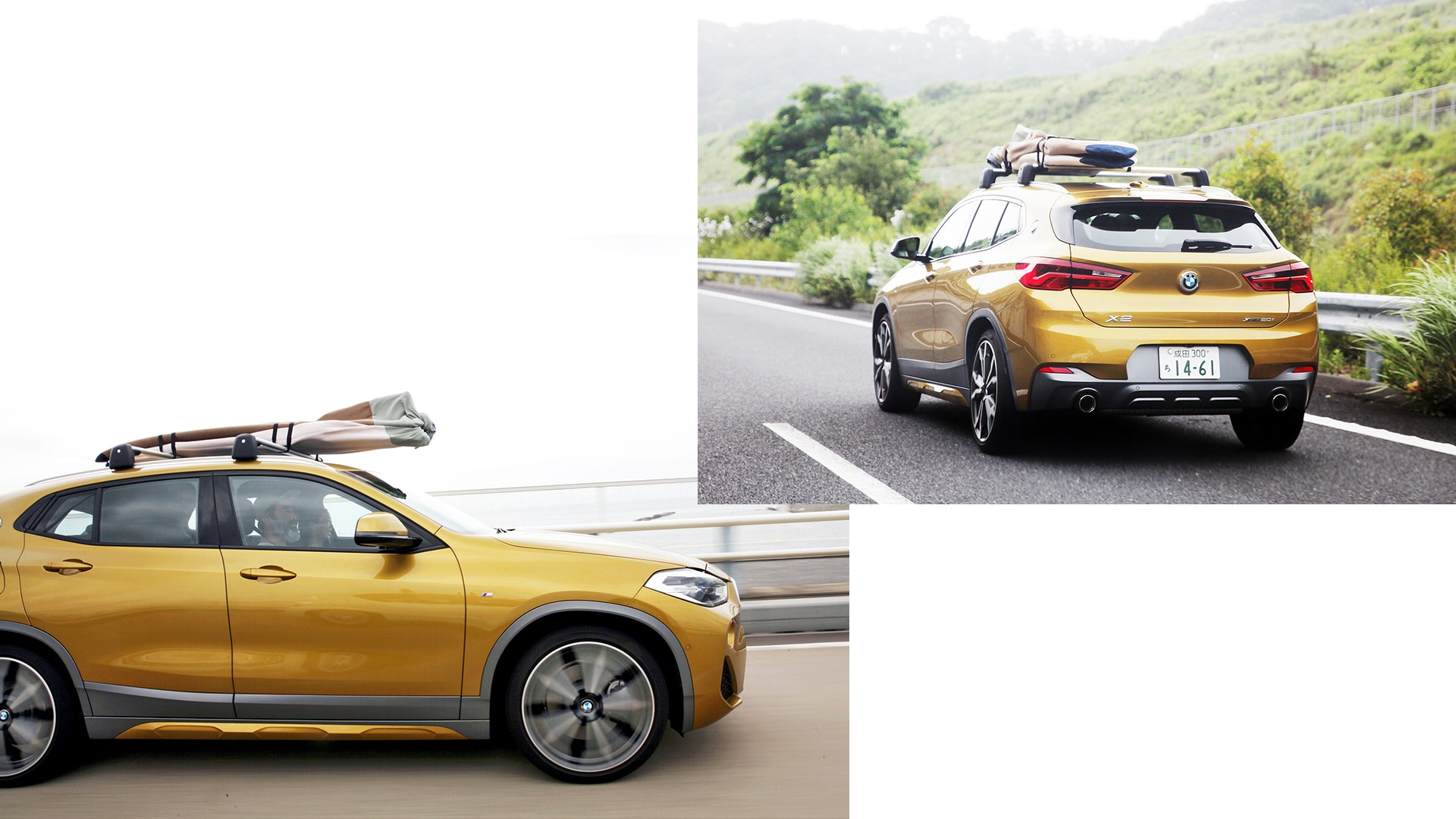 ボードを載せて走るBMW X2。