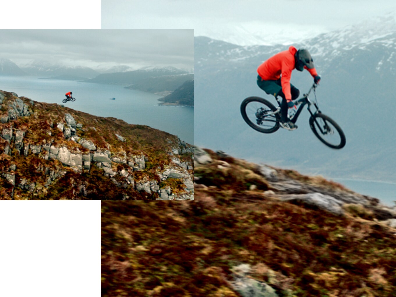 Extrem-Mountainbiker vor grauem Himmel