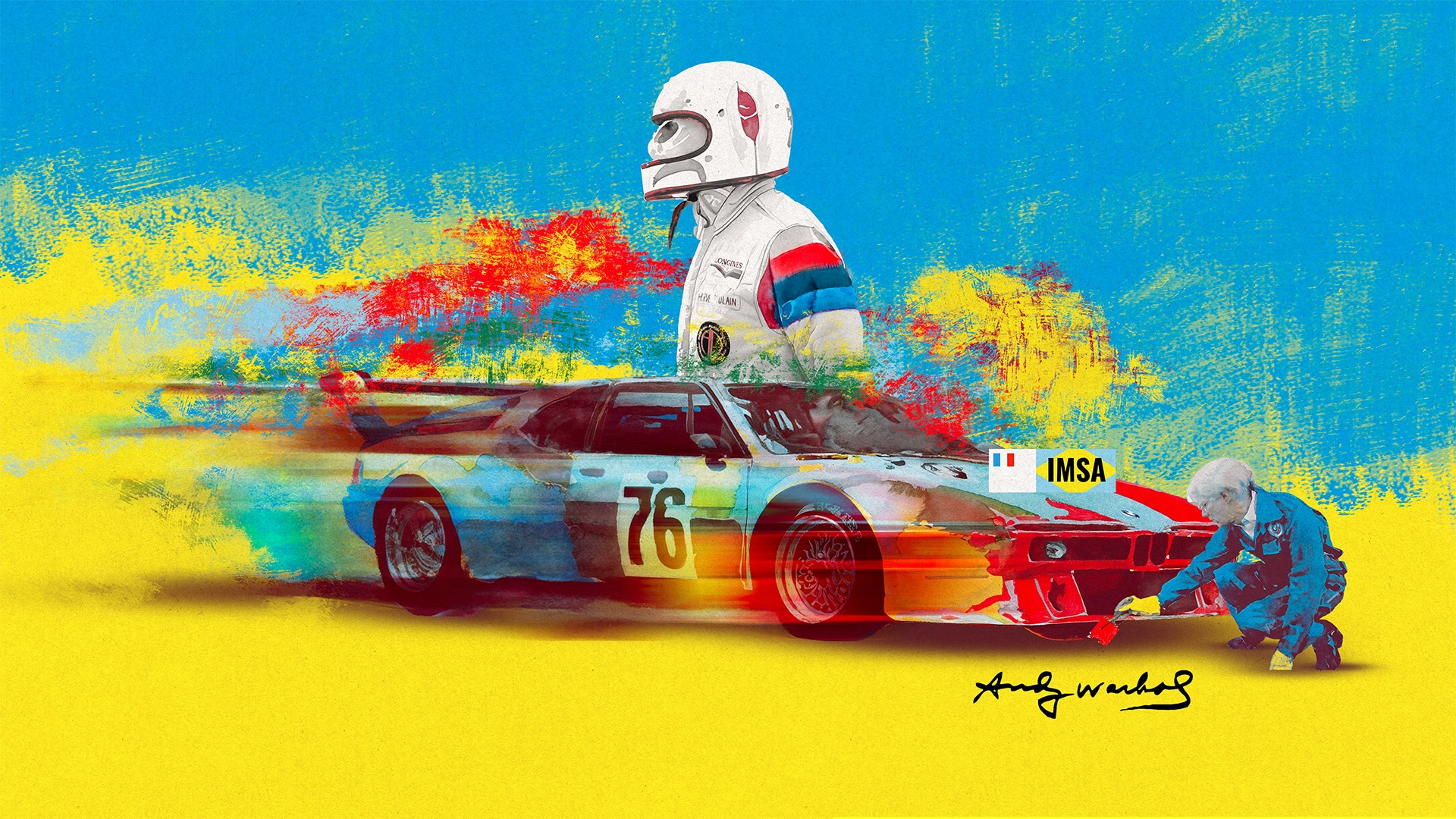 Collage représentant l’Art Car BMW M1 de 1979, peinte par Andy Warhol, et derrière Hervé Poulain, qui l’a pilotée au Mans.